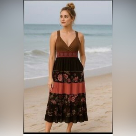 Robbie Bee • Brown & Orange Boho Floral Tiered Maxi Sun Dress • Size 8 - Picture 1 of 9